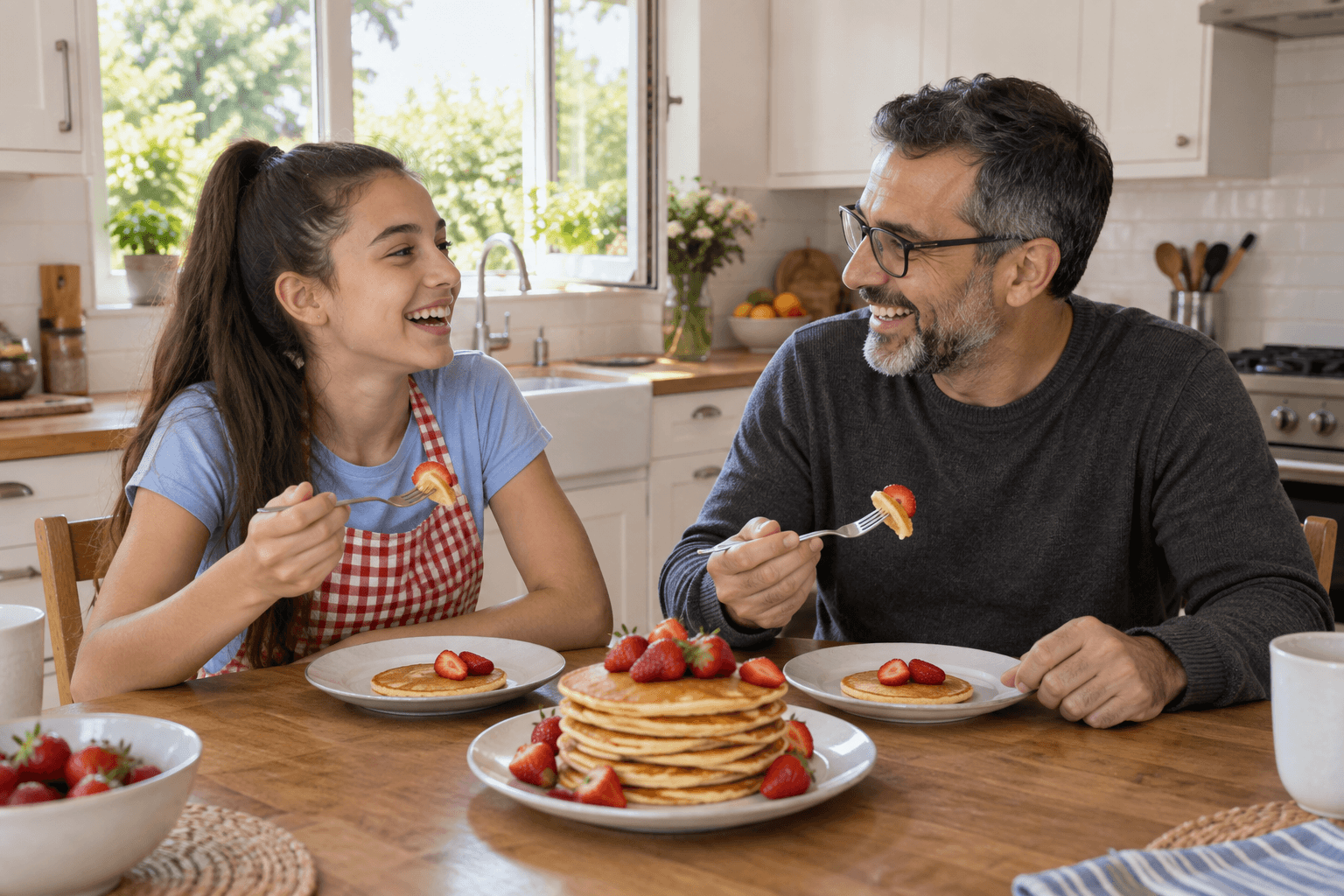 Inés and her dad are sitting at the kitchen table. They are eating pancakes with strawberries and laughing.